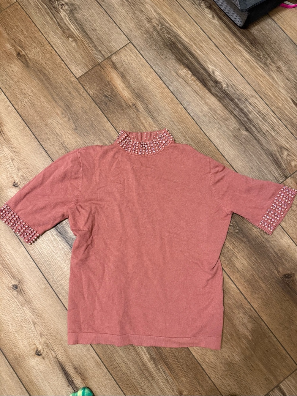 Milano Rose-Pink Pearl-Trim Short Sleeve Knit Top